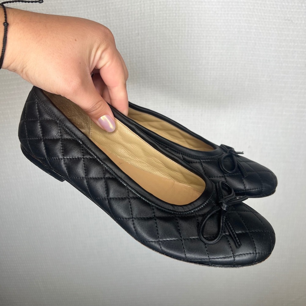 Little Eric Black Quilted Leather Ballet Flats Bow Accent Made in Italy EU 39